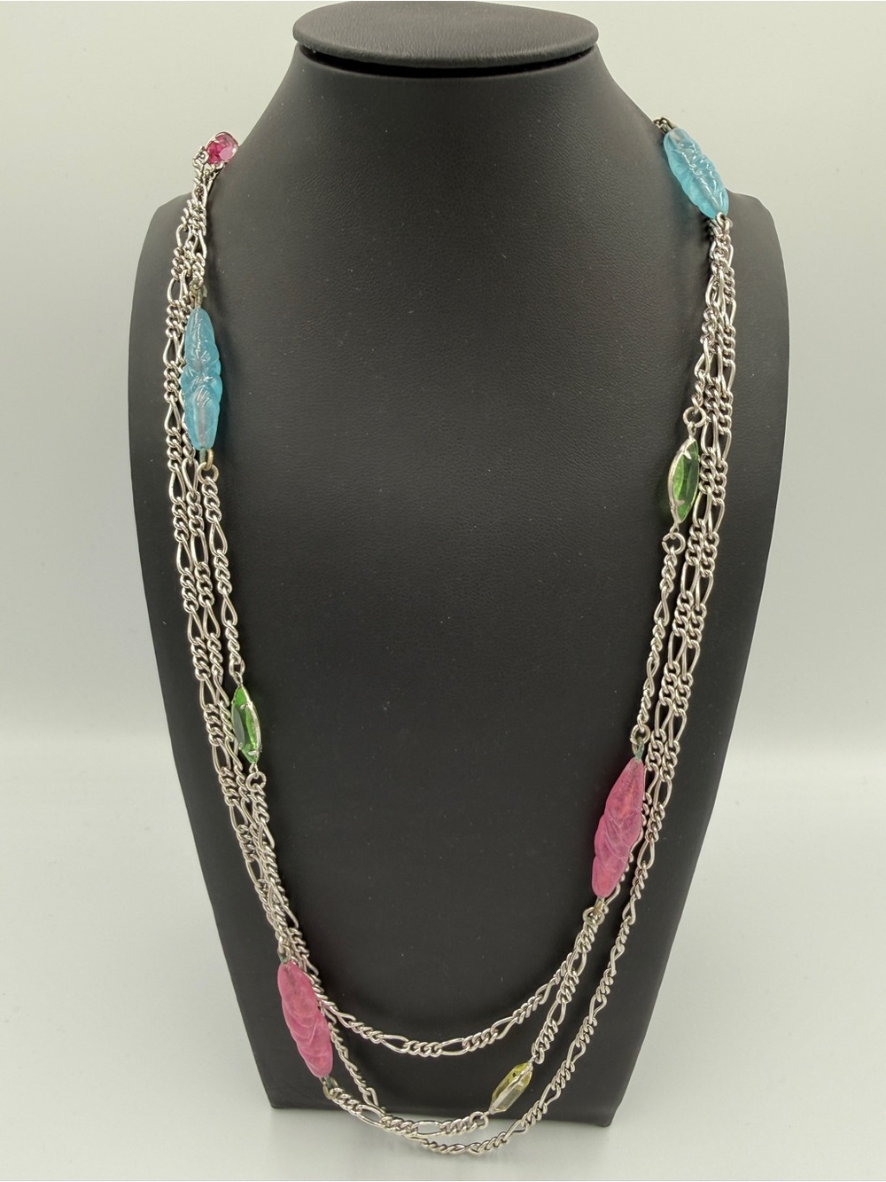 Layered Silver-Tone Necklace with Pink, Blue and Green Accents